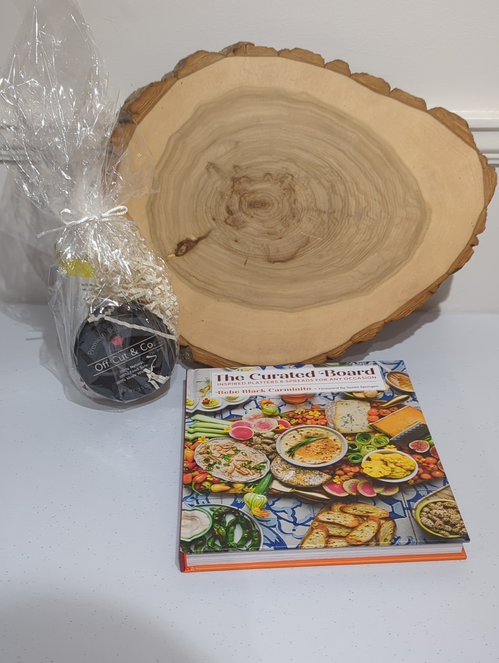 Natural Wood Serving Board - Black & Natural with board oil and blam